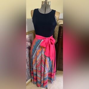 Eliza J Scarf Print Bow Belt Maxi Dress Jersey Sleeveless Size 4P.